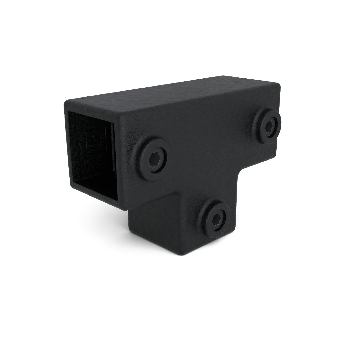 Black, matt-textured metal T-piece for connecting square tubes. With three recessed hexagon screws on the outside for securing. Sturdy, rough surface, suggesting industrial use.