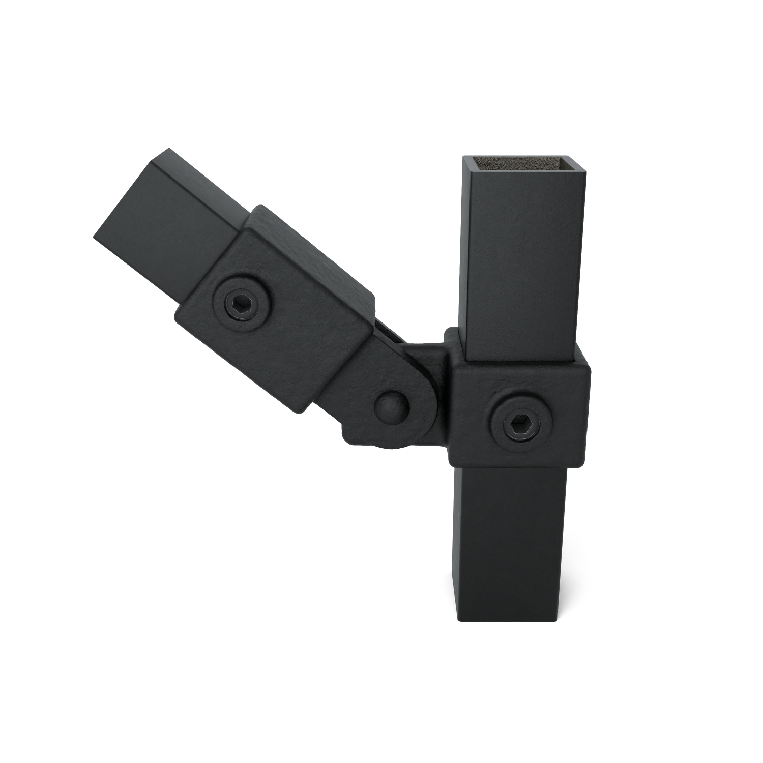 Black, matt metal connector for square tubes, comprising two articulated elements. The upper element is vertical and open at the top, whilst the other is angled diagonally downwards to the left. Fastened with Allen screws, slightly rough.