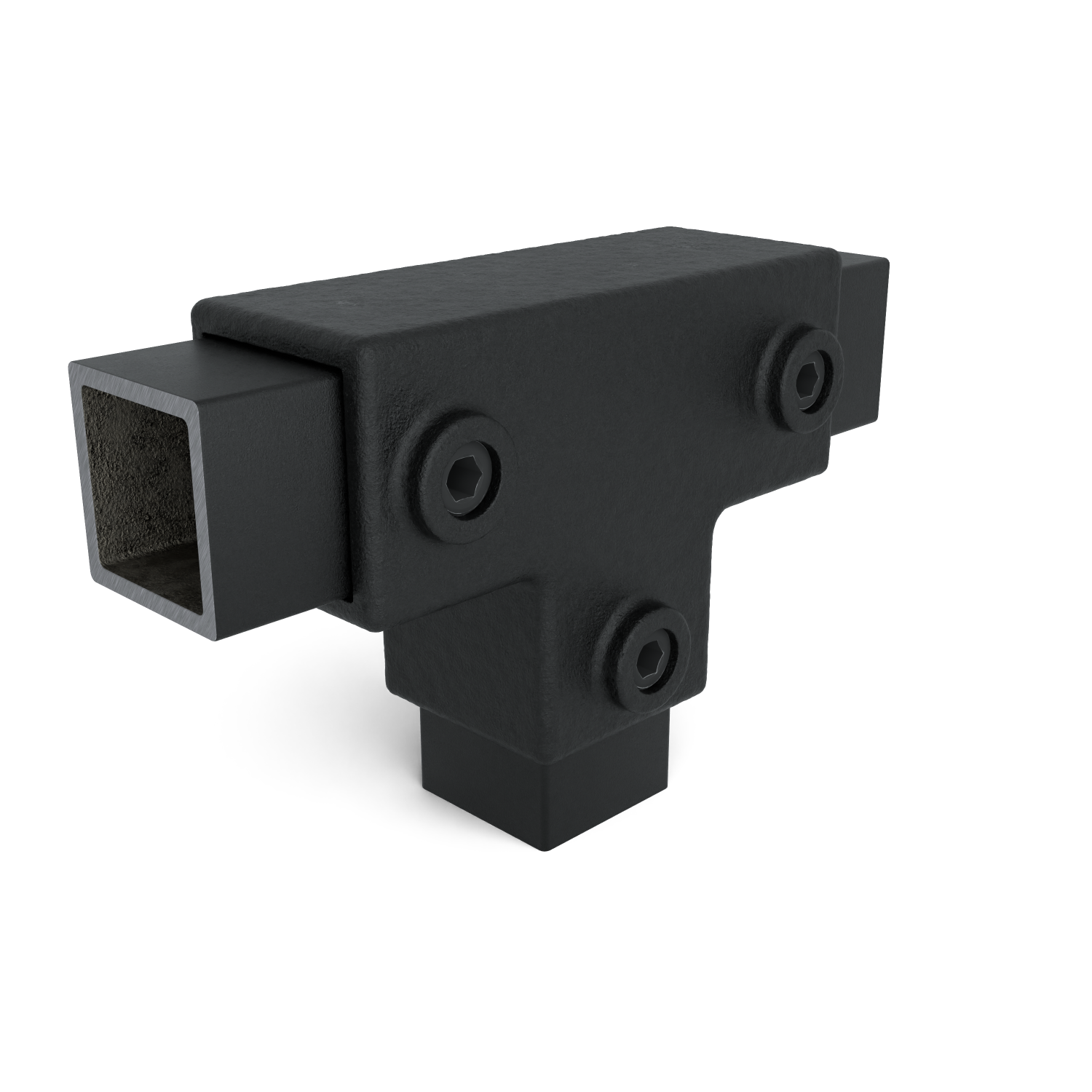 Black T-shaped tube connector for square profiles with a rough, matt finish. Three visible hexagon head screws secure the tubes: one tube horizontally from the left, another vertically downwards. Sturdy.