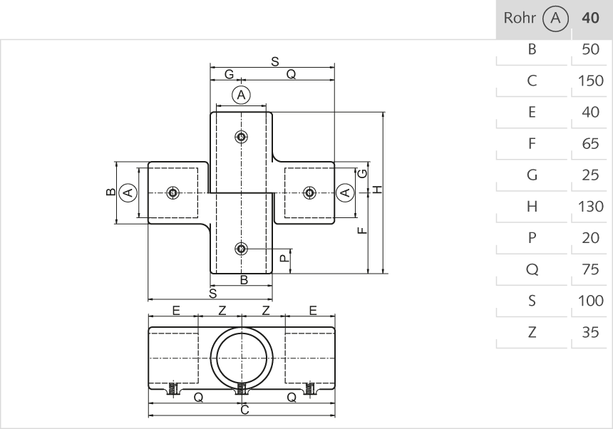 Kreuz-Gelenkstück Aluminium 40mm