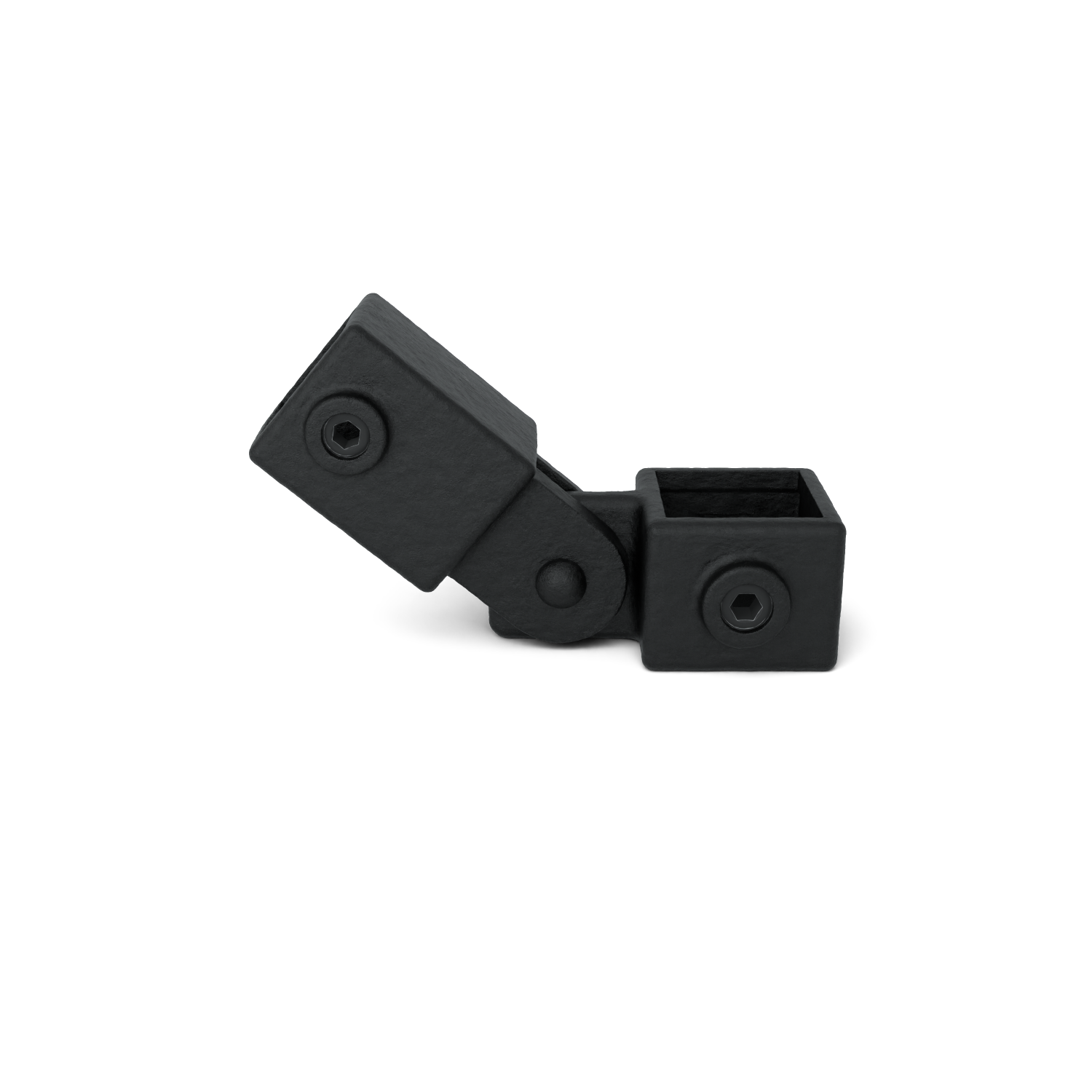 Matt black, adjustable pipe connector with a square cross-section, consisting of two hinged segments. Both parts have a square opening and are secured with hex socket screws. Positioned at an angle, cast in shadow against a white background.