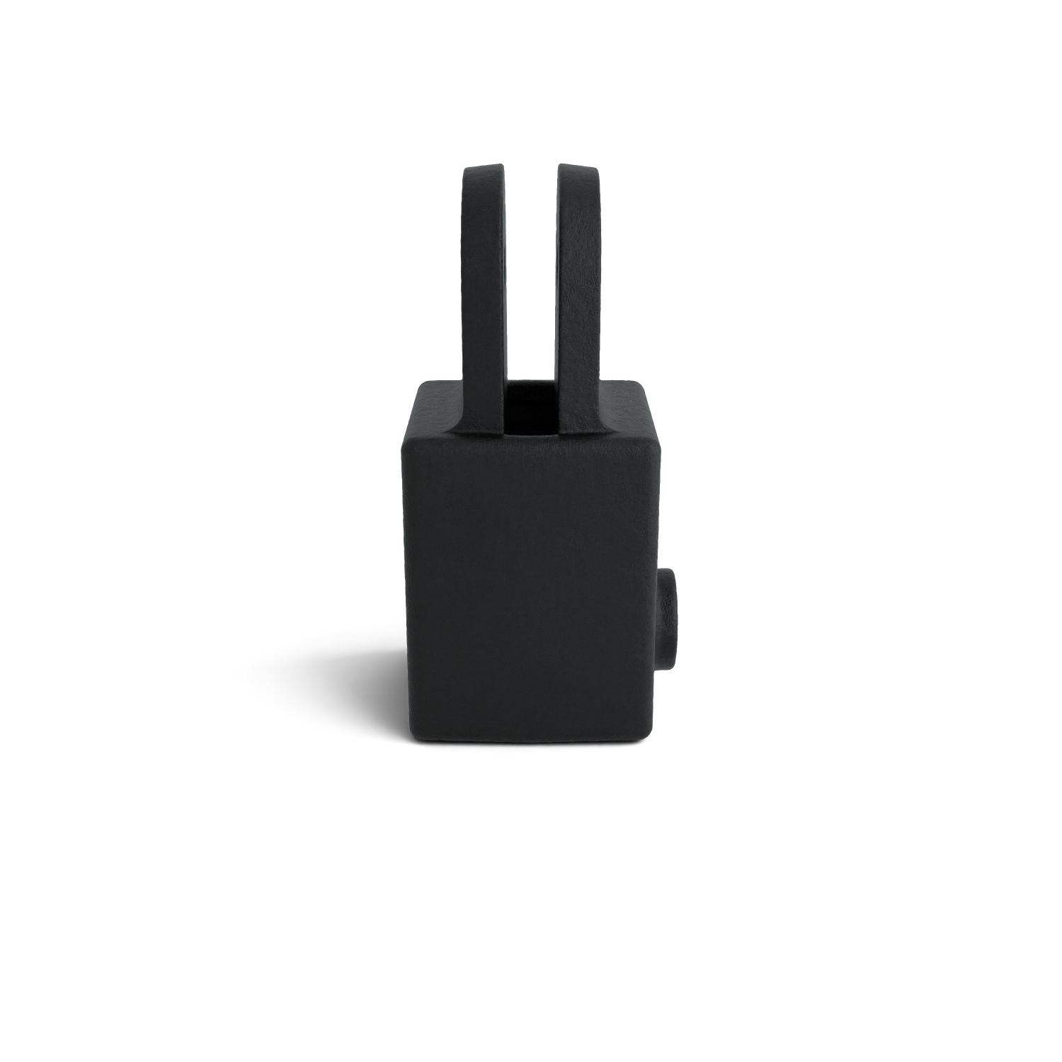 A solid, black, rectangular unit stands upright against a white background with a soft shadow. Two parallel, flat struts protrude from the top; a small cylindrical protrusion is visible on the right. Matte, rough metal texture.