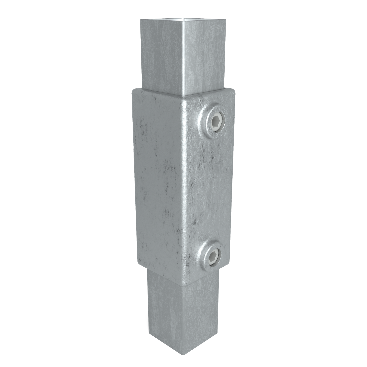 Vertikaler, quadratischer Metallverbinder aus mattem, silbergrauem Metall mit leicht rauer Textur. Er verbindet zwei quadratische Rohre, die oben und unten herausragen. Der längliche Mittelteil hat vorne zwei Inbusschrauben.