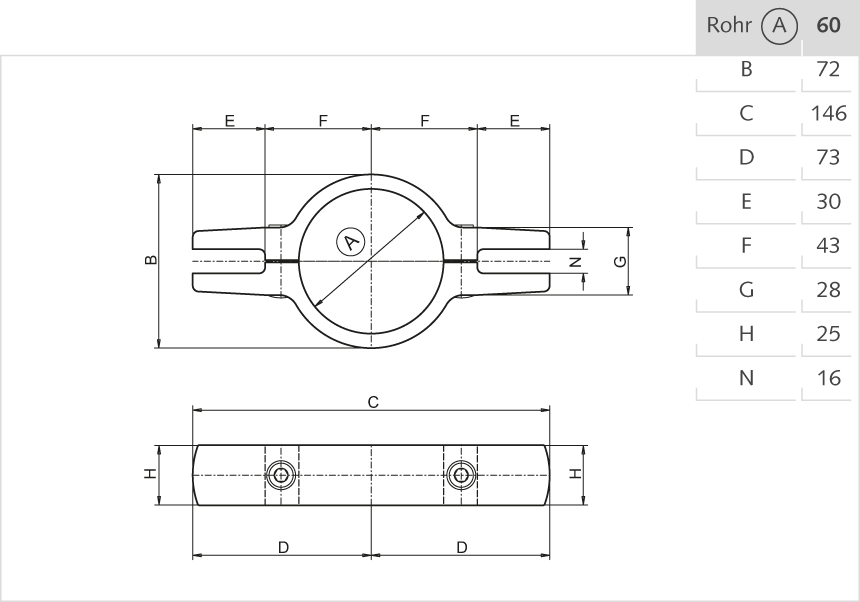 Trennwandhalter Aluminium , doppelt 60mm