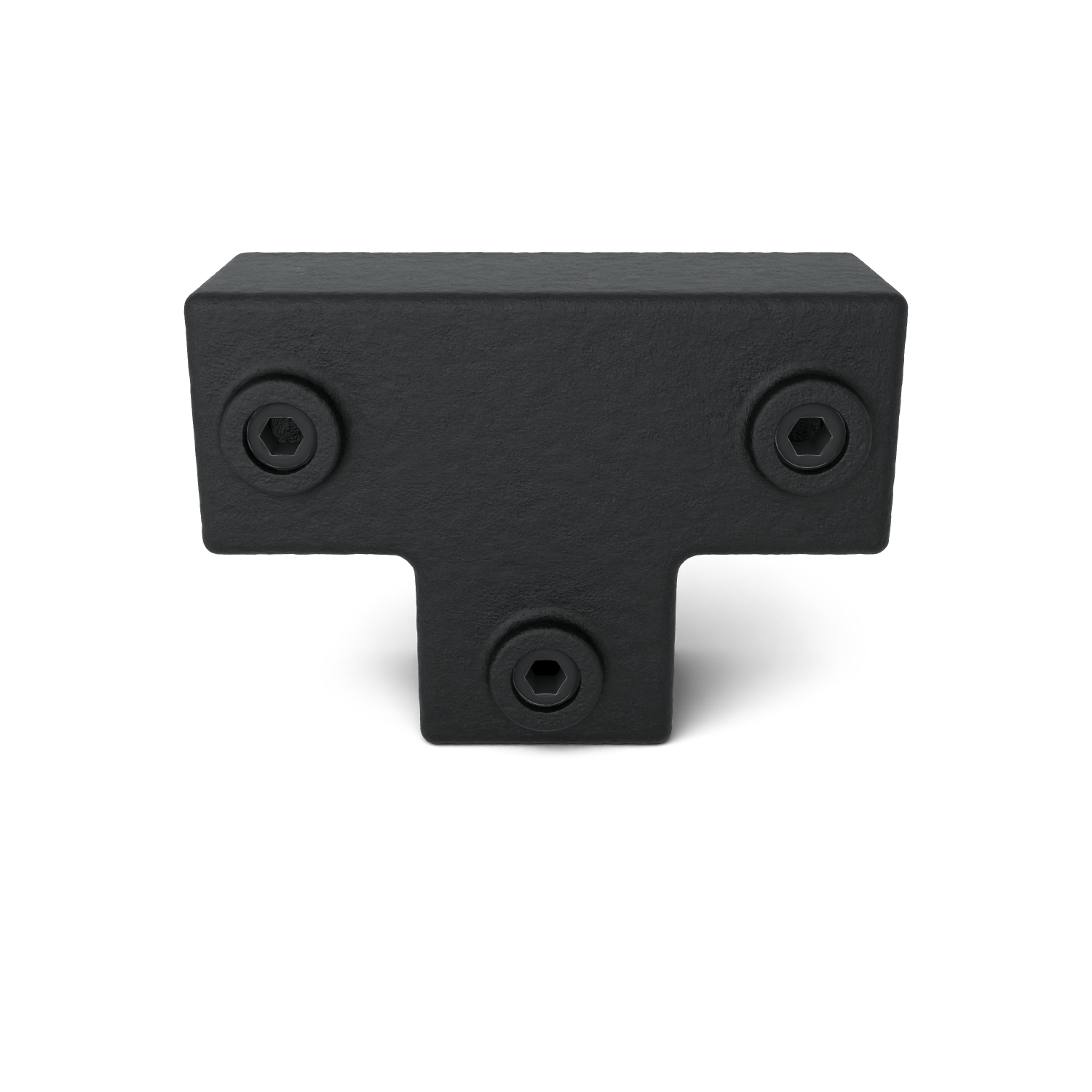 Black, T-shaped metal connector with a rough, matt finish. One recessed hexagon socket screw at each end of the horizontal and vertical arms, three in total. On a white background with a slight shadow.