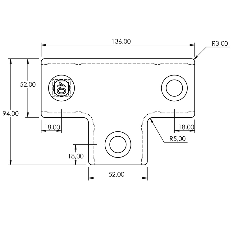 T-Stück, lang für quadratische Rohre - 40 mm