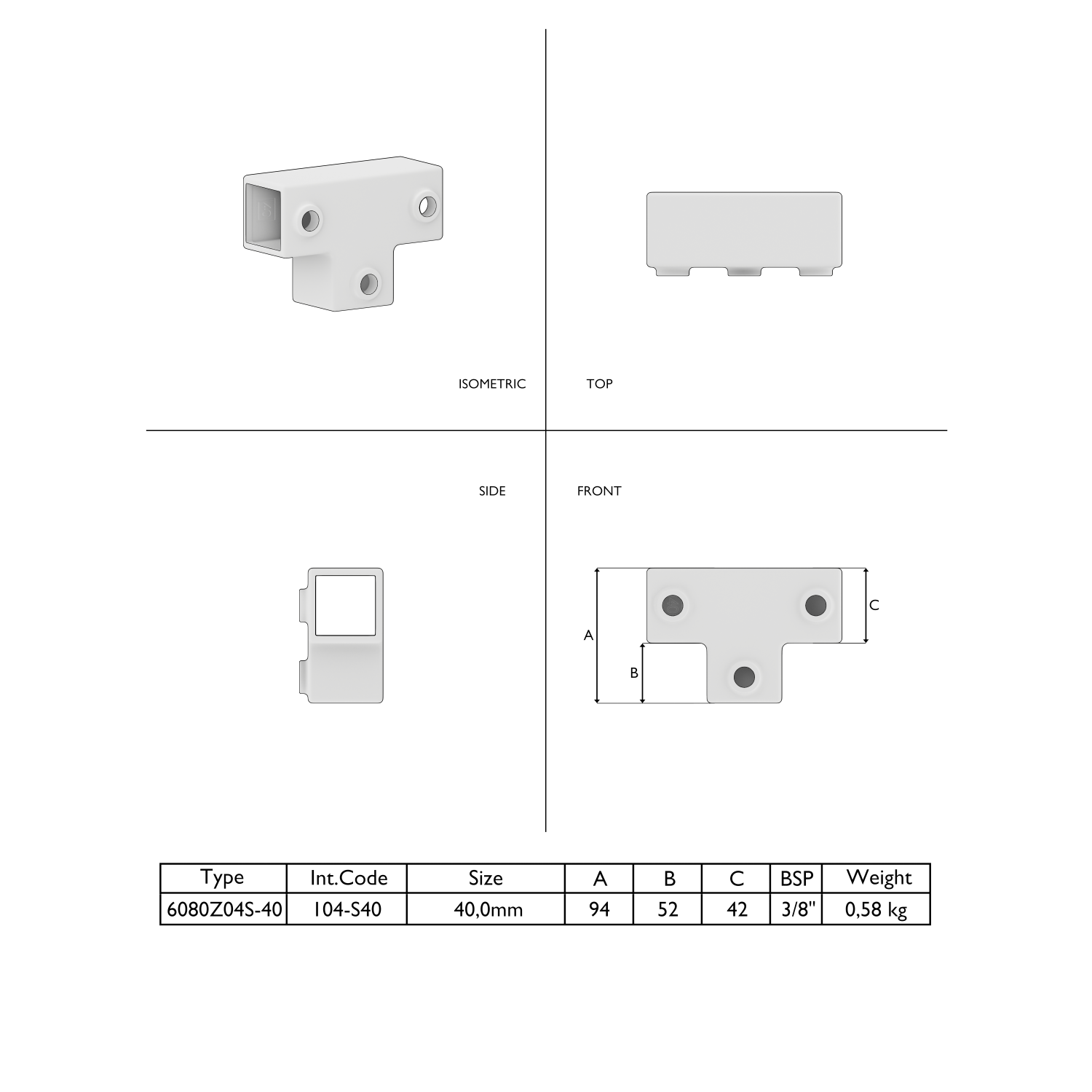 Technical diagram of a white T-shaped pipe connector shown in isometric, top, side and front views. Component with a square opening and three round mounting holes. Table showing A, B and C dimensions, size and weight.
