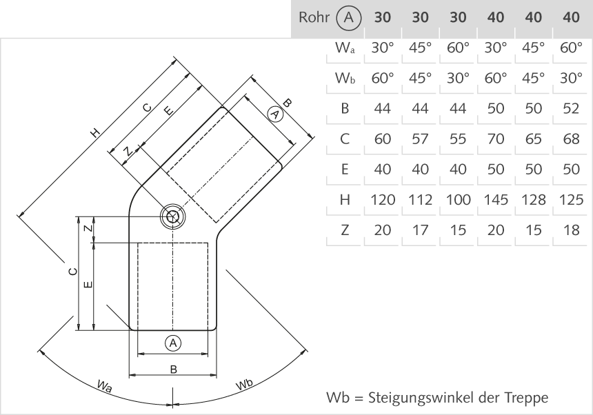 Winkelstück Aluminium 30mm Wa 45°/Wb 45°/135°