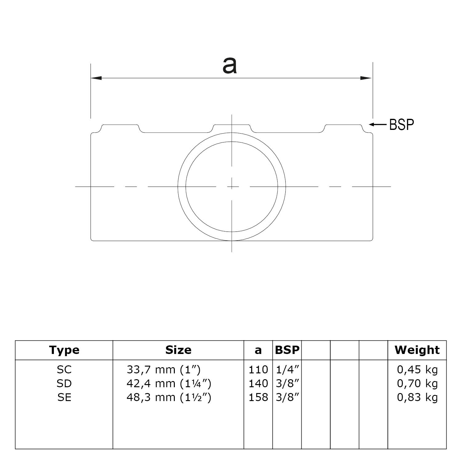Kreuzstück in 1 Ebene für Gefälle 0° - 11°  42,4 mm (1¼”)
