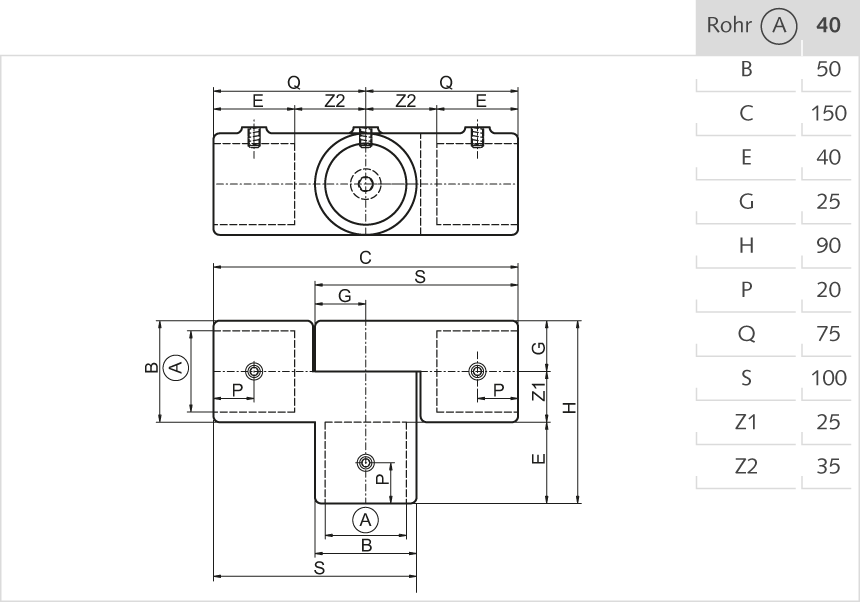 T-Gelenkstück Aluminium 40mm