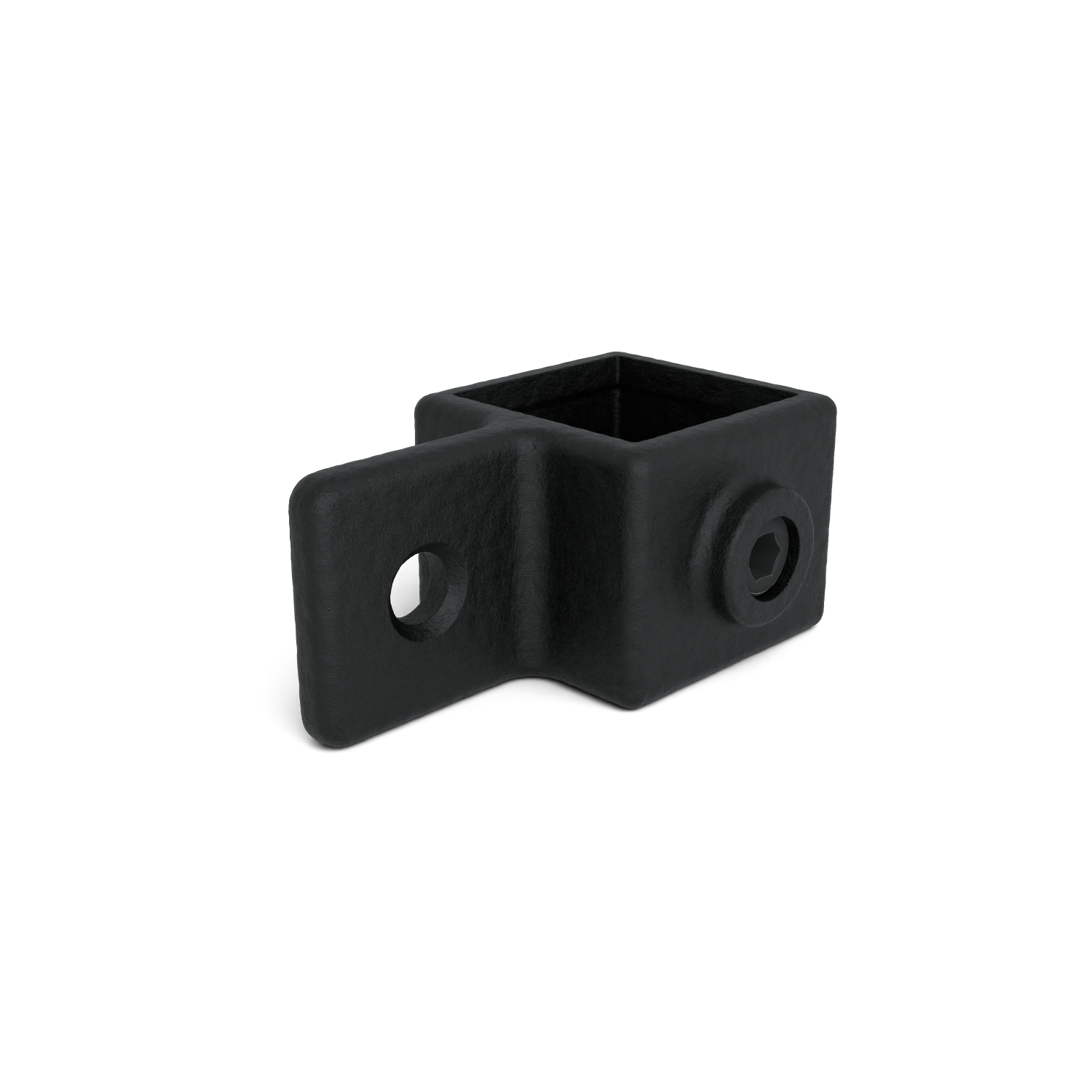 Black, matt corner connector with a square opening. Side extension with a round hole, opposite a recessed hexagonal socket for a screw. Sturdy component for connecting profiles.