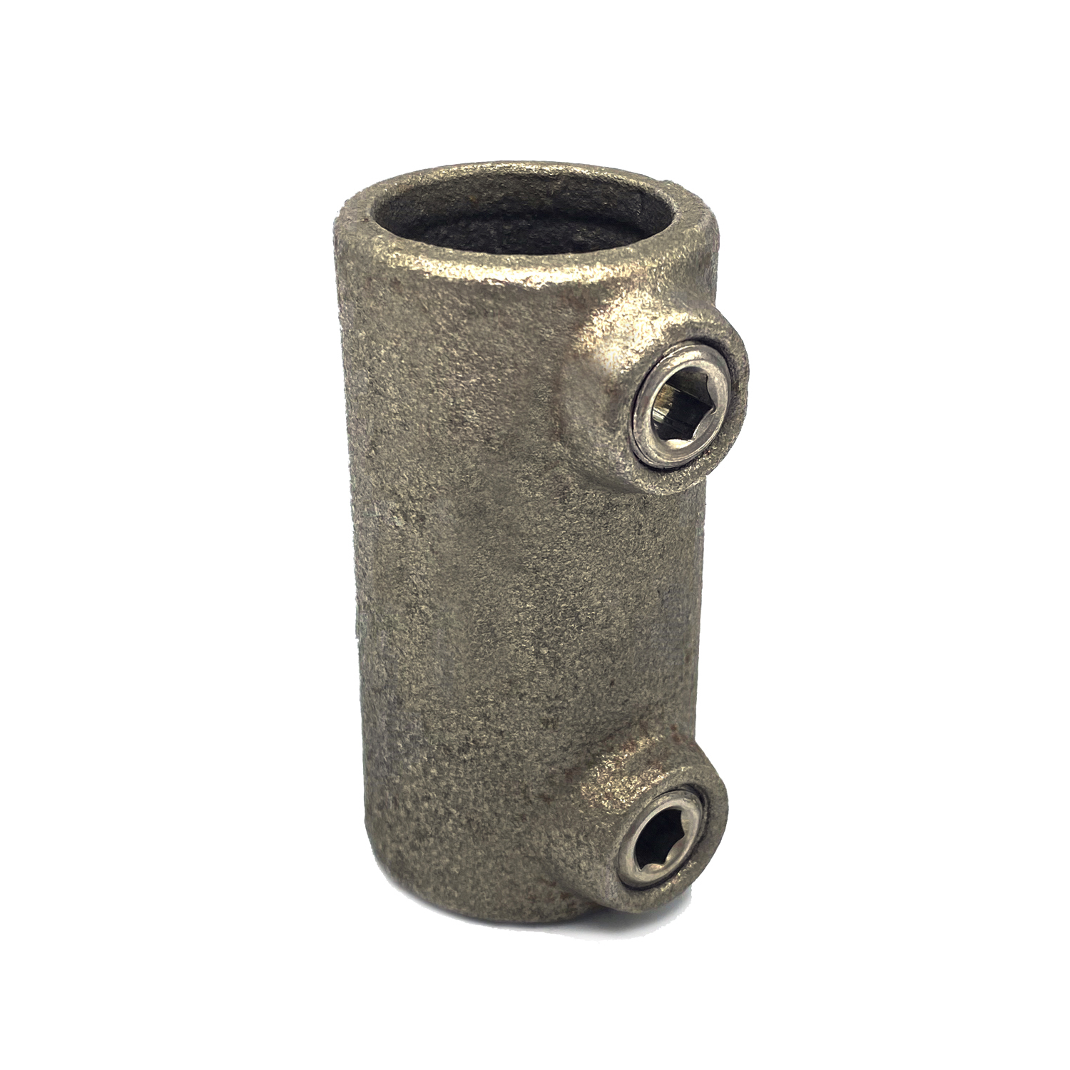 Grey, cylindrical metal extension piece, shown vertically on a white background. Rough, matt surface with two hexagonal clamping screws protruding from the sides (top and bottom). Diameter: 26.9 mm.