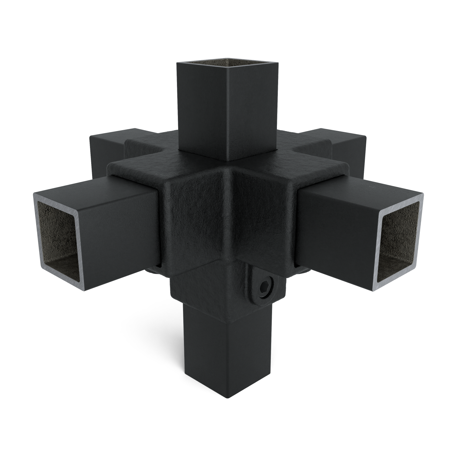 Black, matt 6-way connector for square tubes, projecting in all three spatial axes to form a star-shaped structure. Each of the six square tubes has a hollow opening. Fixing bolts visible at the sides.