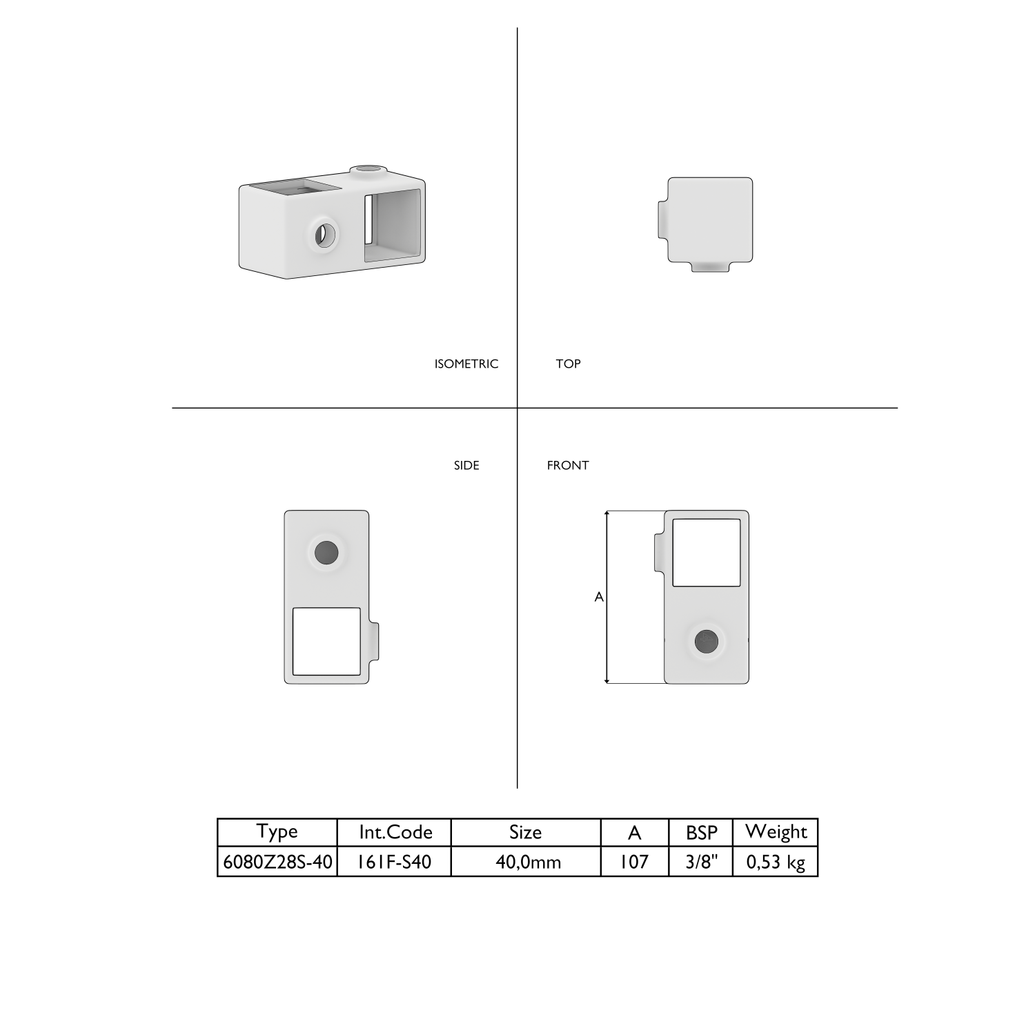 Grey rectangular component shown in four views: isometric, top, side and front. With a rectangular opening, a round hole and recesses. Table below: Type, dimension 40.0 mm, weight 0.53 kg.