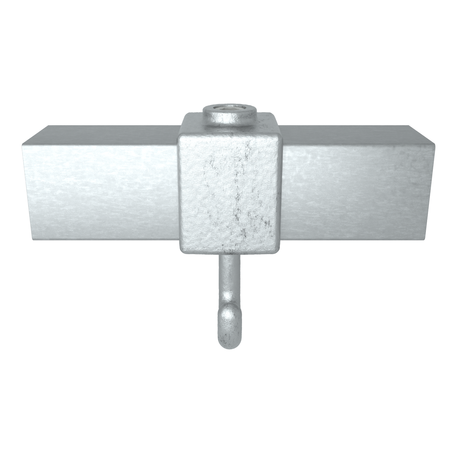 Silberfarbenes, metallisches Befestigungselement auf weißem Hintergrund. Zentraler Block mit Schraube oben und hakenförmigem Teil darunter. Seitlich zwei rechteckige Stangen, deutet auf Klemmfunktion hin. Oberfläche matt, leicht rau.