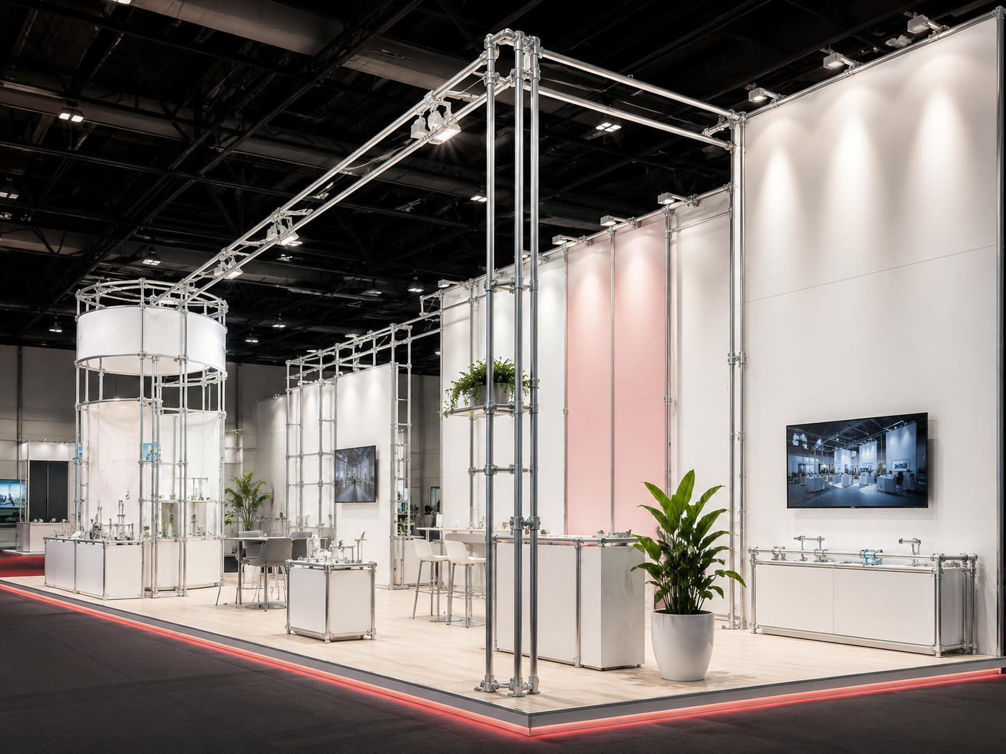 Moderner Messestand in Halle mit silberner Rohrstruktur und weißen Wänden, teils rot hinterleuchtet. Heller Holzboden mit roter Randbeleuchtung. Mit Theken, Sitzbereichen, Pflanzen und Bildschirmen. Links Displaysäule.