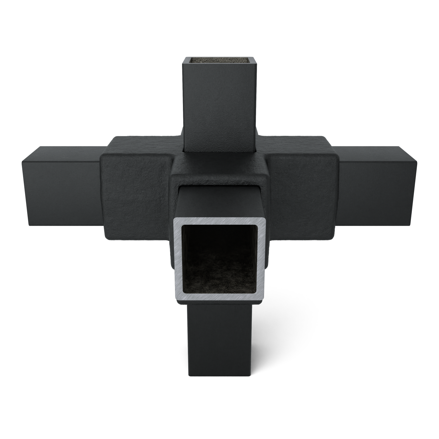Three-dimensional, cross-shaped connector made from matt black, rough-textured square tubes. Five tubes: one vertical, four branching horizontally to form a cross. Open ends with a shiny metallic inner surface.