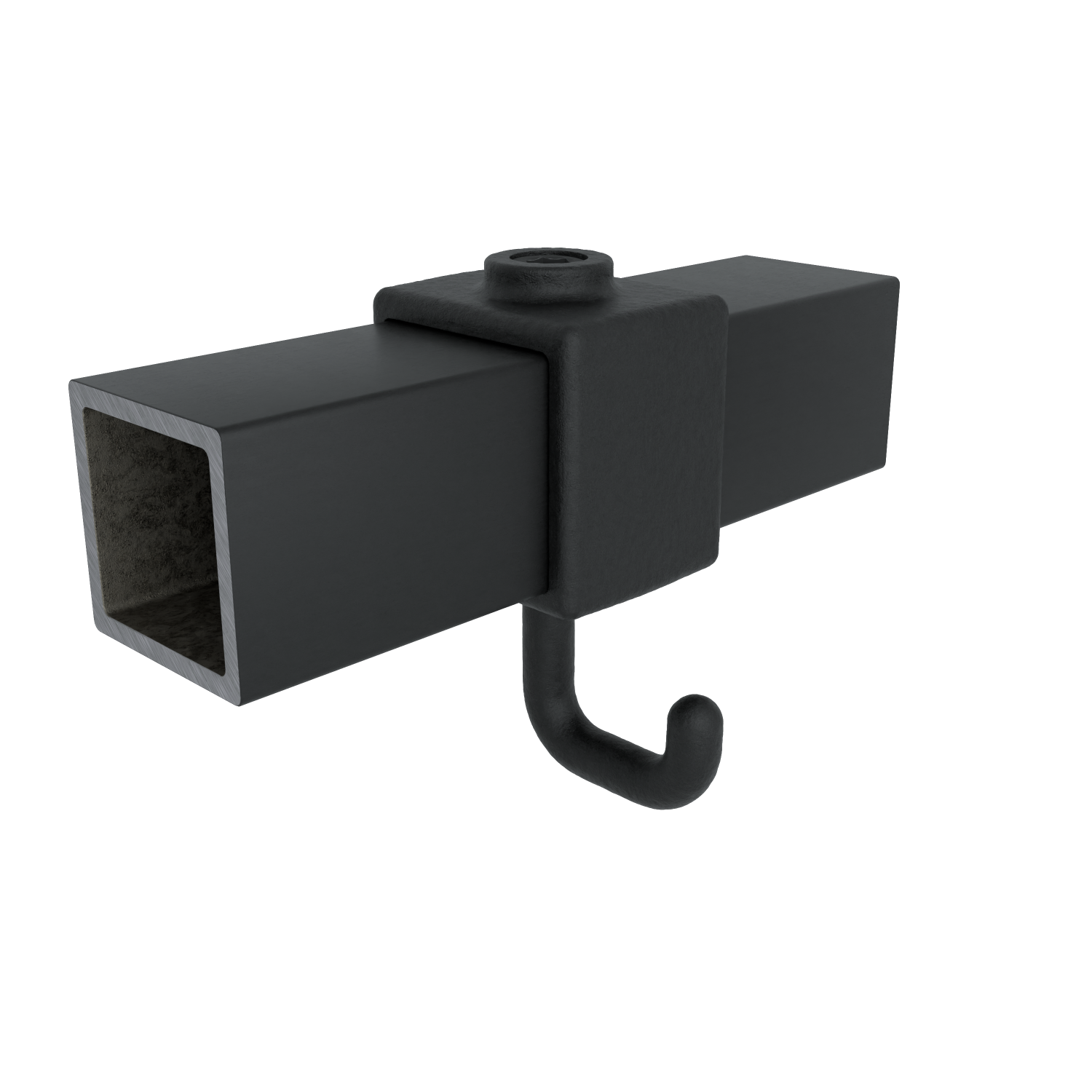 A black, square metal tube is held in place by a matching black clamp and secured at the top with a screw. A sturdy black hook protrudes downwards from beneath the clamp. The open side reveals a rough inner surface.