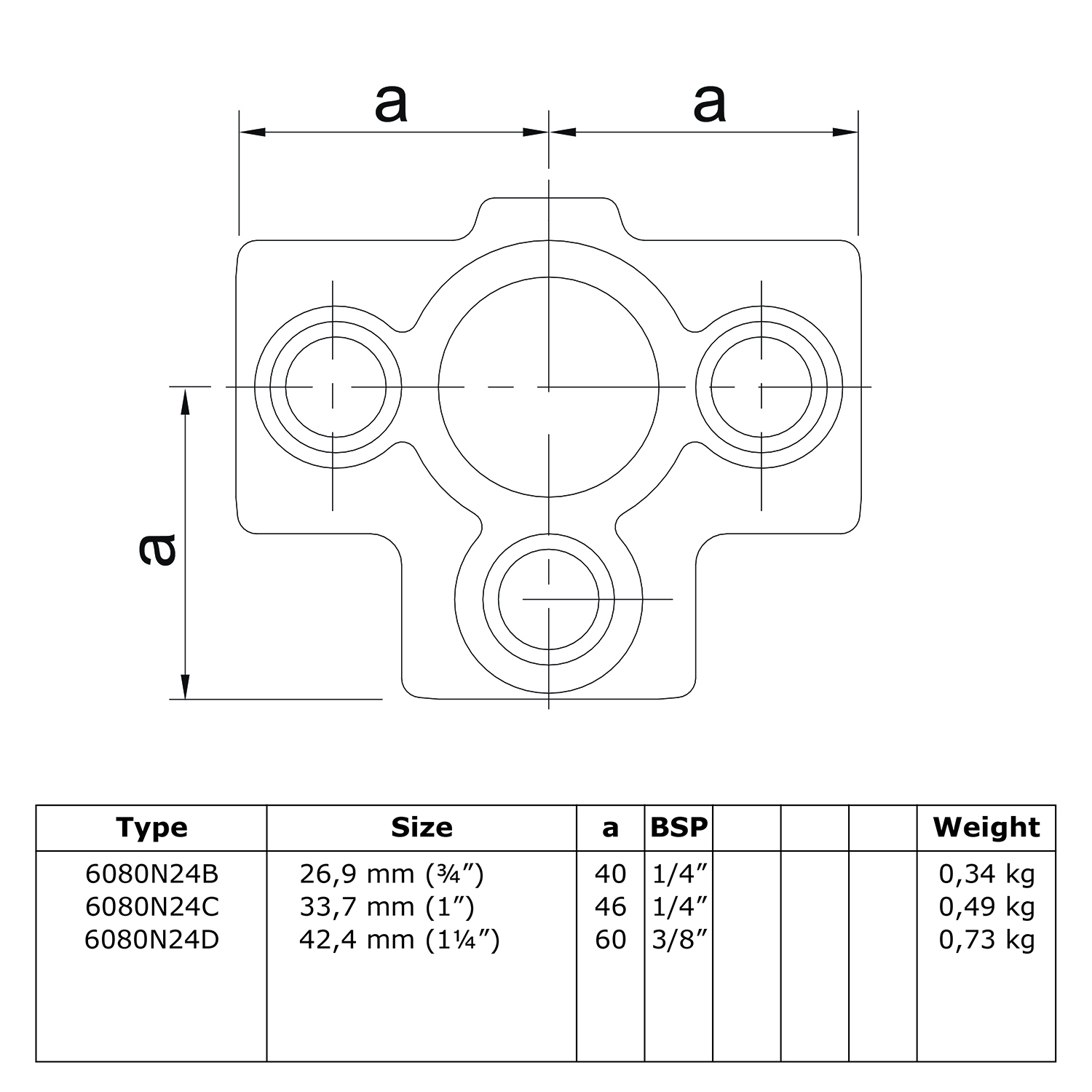 Dibujo detallado de una pieza en T para tubos de soporte con tres conexiones redondas. La ilustración muestra las dimensiones y una tabla con las variantes del producto: tipos, tamaños de tubo (p. ej., 26,9 mm), roscas BSP y pesos de 0,34 a 0,73 kg.