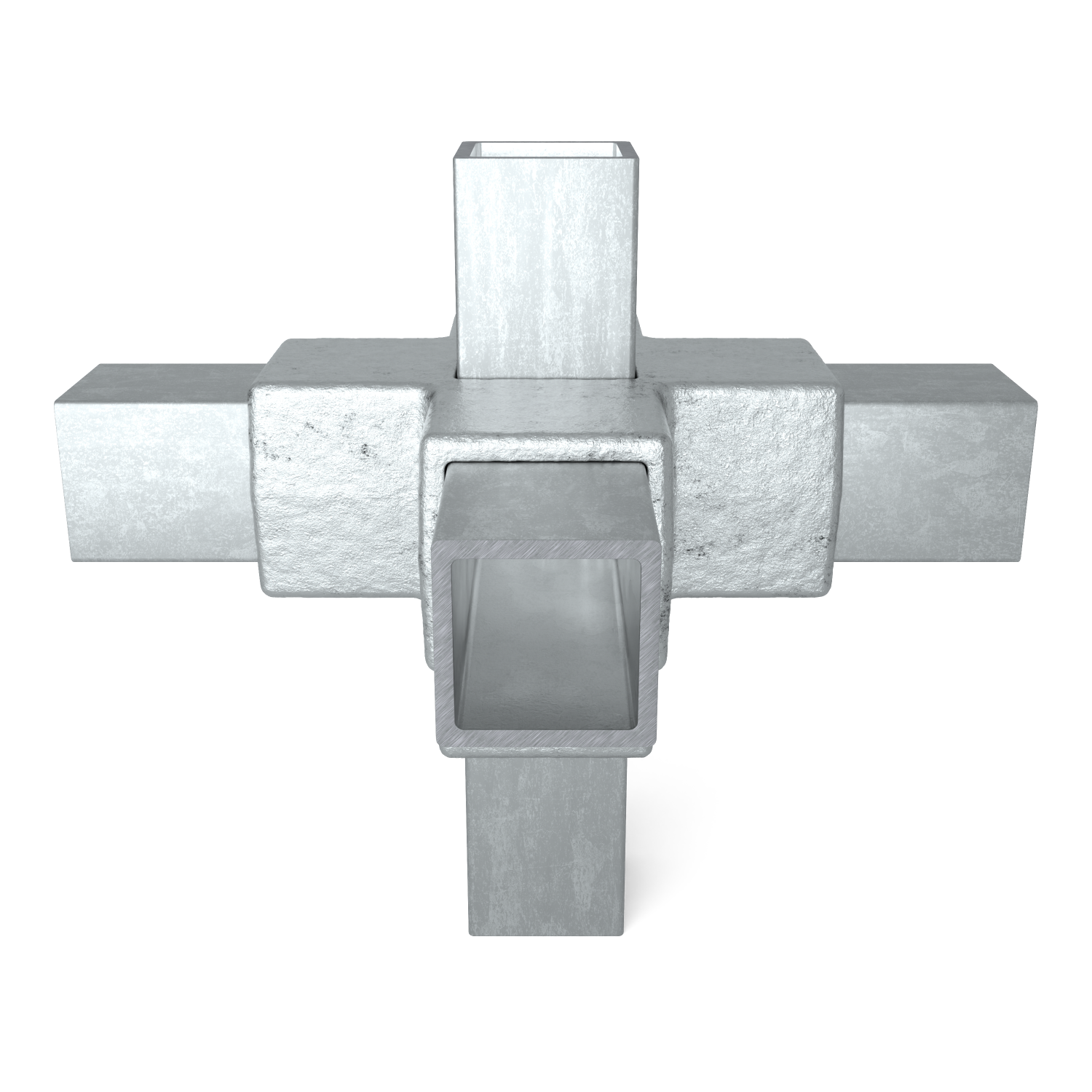 Detailliertes 3D-Modell eines silberfarbenen, quadratischen Rohrverbinders, der fünf weitere quadratische Metallrohre kreuzförmig verbindet. Raue, unebene Außenfläche am Verbinder, innen glatter. Industrielles Bauteil.