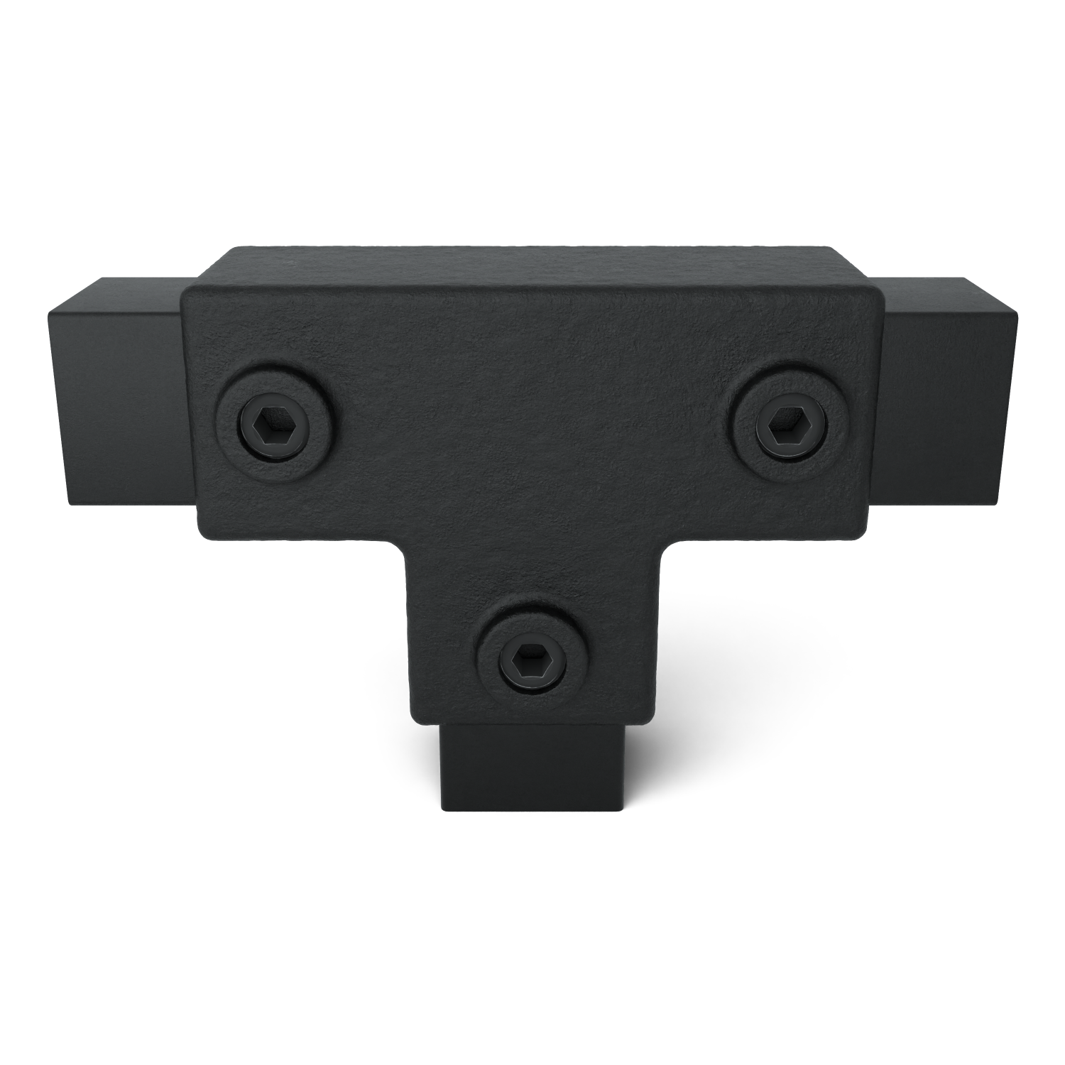 Sturdy, matte black T-connector with a textured finish on a white background. Features a horizontal top and a vertical leg extending downward. Three Allen screws are visible: two horizontal, one vertical.