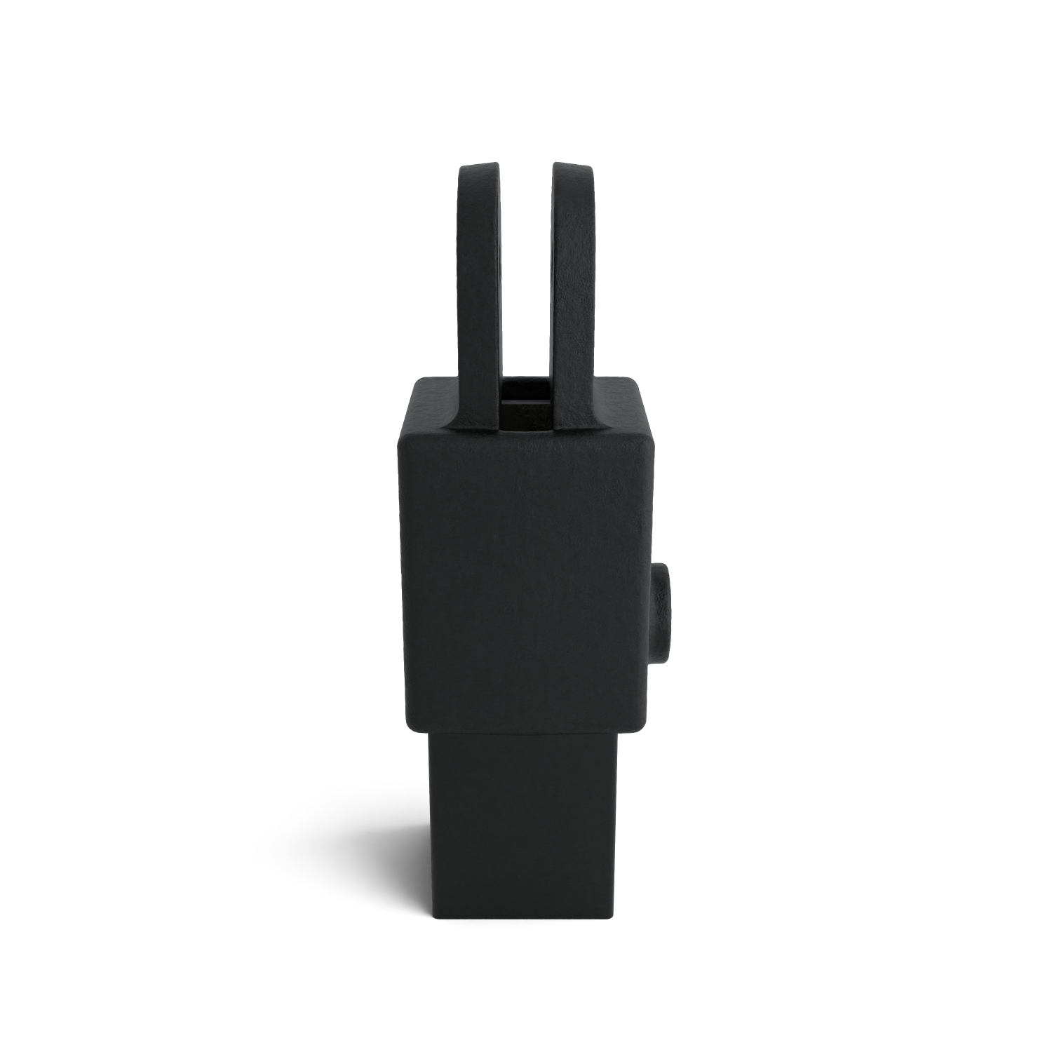 A matt black metallic component with a rough surface, positioned vertically against a white background. Wider at the top with two parallel, upward-pointing brackets and a cylindrical bulge on the side. Narrow base at the bottom.