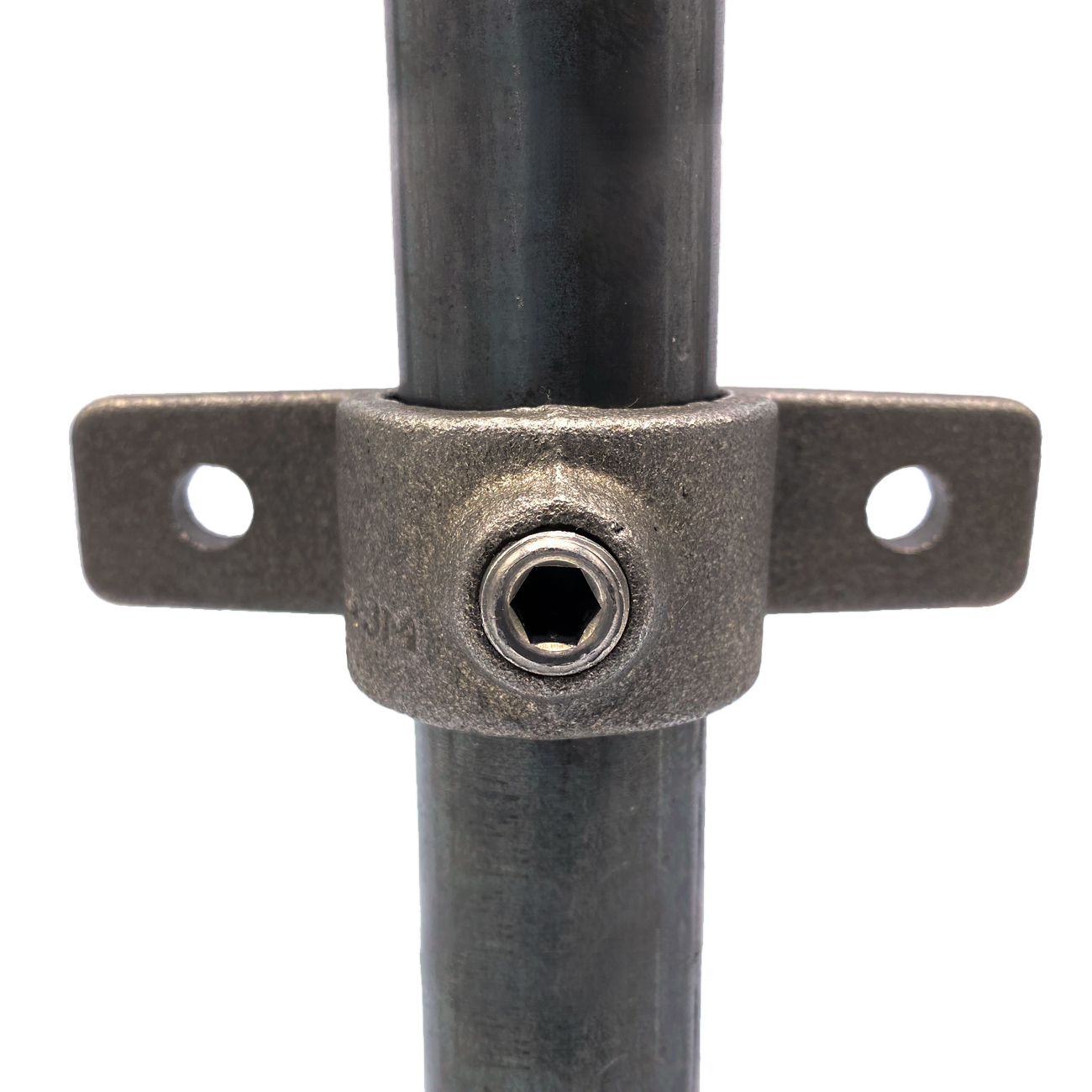 A dark grey, coarsely textured eyelet fitting with a double tab encloses a vertical dark metal rod. Features a central hexagon screw and a round hole in each tab. Connecting element for round tubes (42.4 mm).